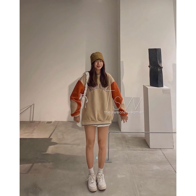 Áo nỉ swt cổ tròn phối tay chữ cá tính (annstore_ảnh thật)