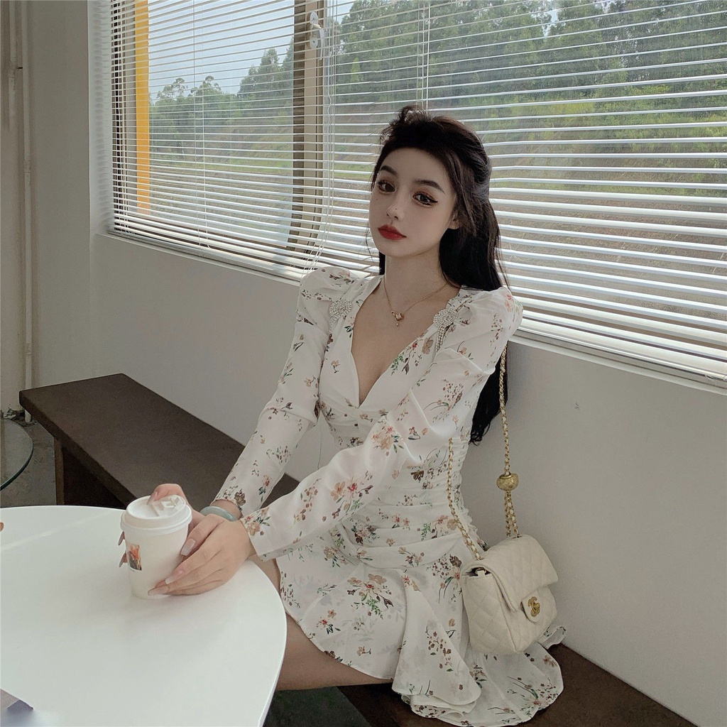 Đầm nữ cổ chữ V in hoa phong cách retro kiểu mới