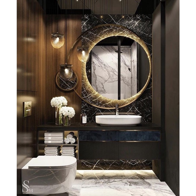 Gương tròn có đế cảm ứng trên mặt gương đèn led đổi 3 màu mẫu led hậu gắn tường kích thước D50cm Mirror