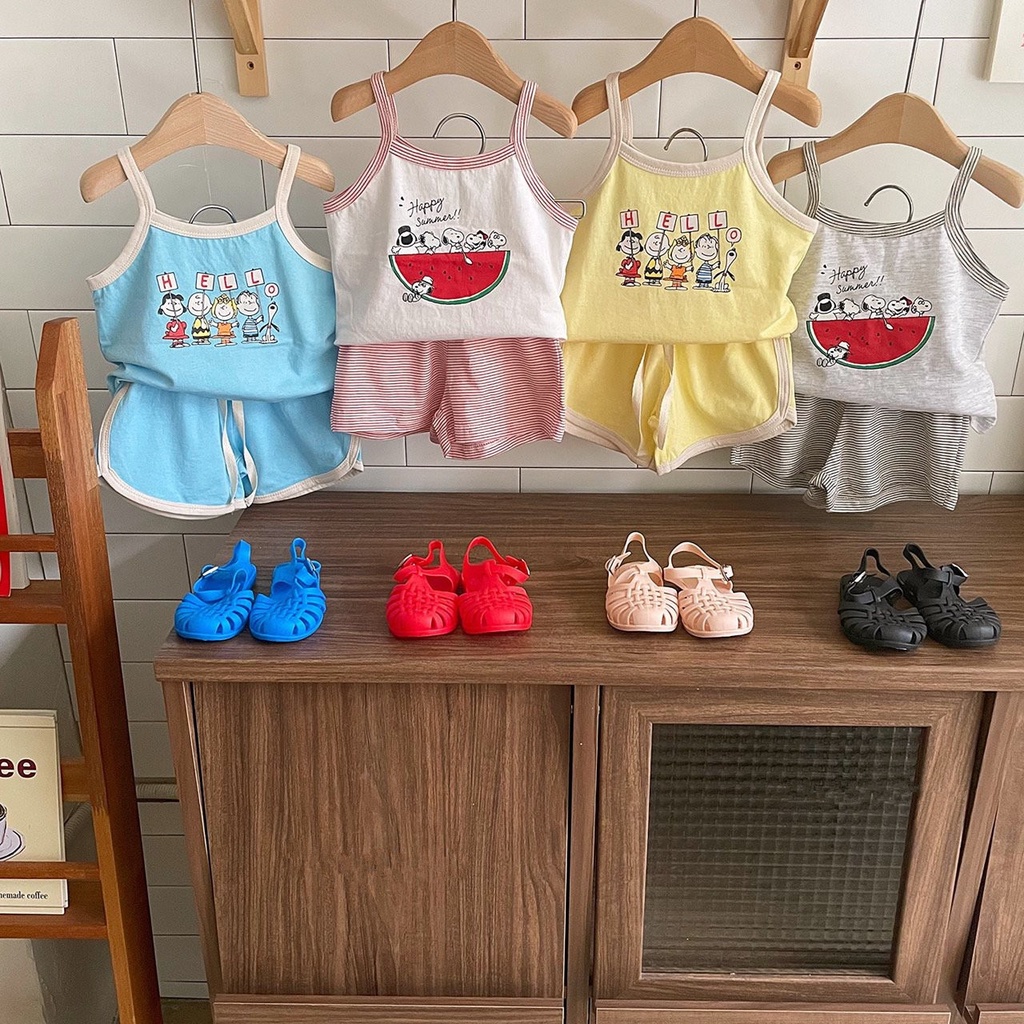 Bộ Áo Hai Dây + Quần Sooc In Họa Tiết Hoạt Hình Dễ Thương Thời Trang Mùa Hè Cho Bé