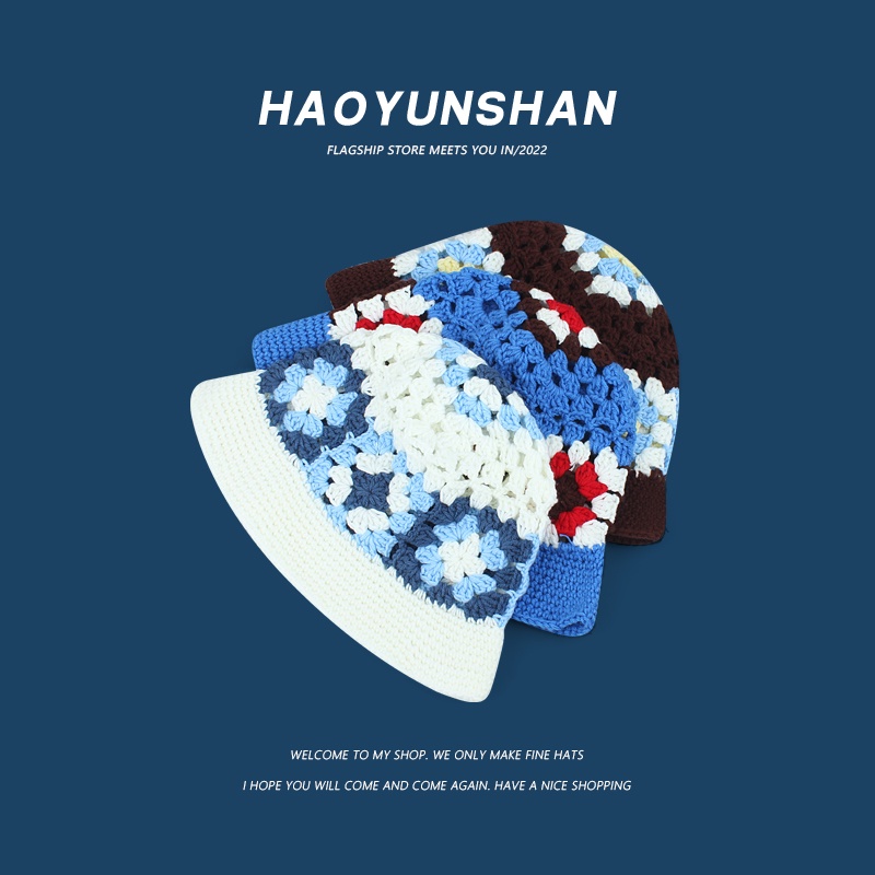 Mũ Bucket Đan Len Thủ Công Thoáng Khí Màu Sắc Tương Phản Phong Cách Nhật Bản Cho Nữ