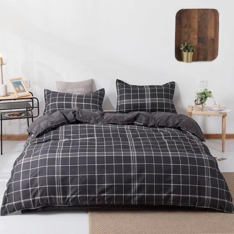 Bộ Vỏ Chăn Ga Gối Cotton Poly Nhập Khẩu (Caro Đen Mờ SP000694)