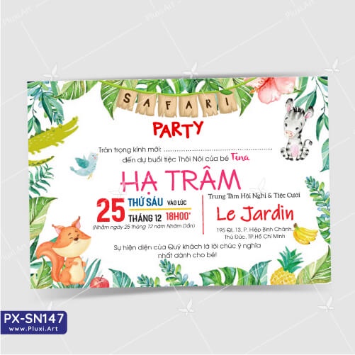 Thiệp thôi nôi –  sinh nhật Pluxi bé gái Chủ đề Rừng Xanh - PX_SN147