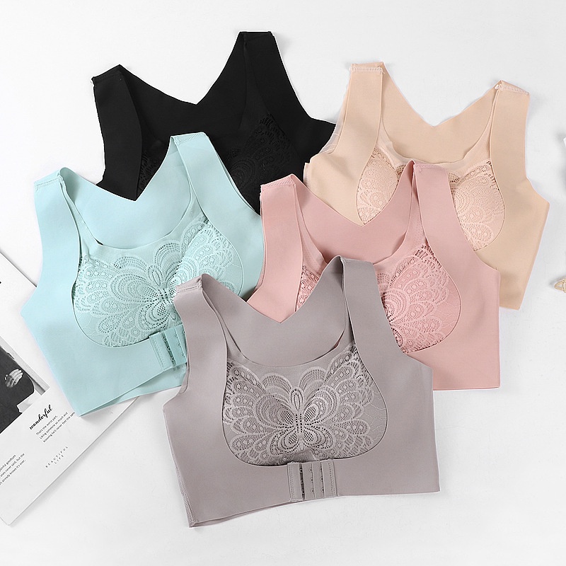 Áo Lót Nâng Ngực Không Gọng Không Đường May Cài Khóa Trước Họa Tiết Cánh Bướm Phối Ren Xinh Xắn