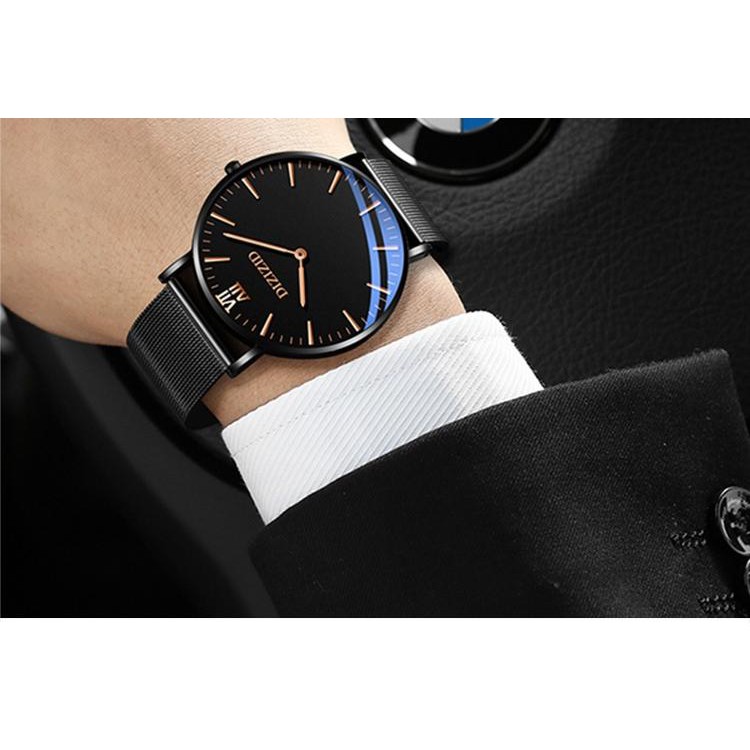 TẶNG VÒNG TỲ HƯU MAY MẮN-Đồng hồ nam DIZIZID kim xanh chống nước mặt siêu mỏng dây thép lụa cao cấp thiết kế đẹp