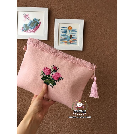 Túi xách linen - Ví Nữ Cầm tay Thêu Tay Thủ Công vải linen - Túi Thêu Handmade - Bách hóa Na Na