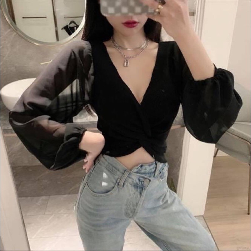 Áo kiểu croptop nữ tay dài phồng voan lưới xoắn eo trơn - Order taobao quảng châu