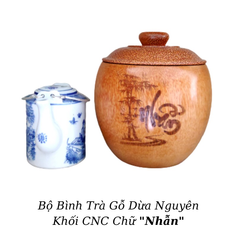 Bộ Bình Trà Gỗ Dừa Không Chân Hoa Văn "Chữ Nhẫn"; "Chữ Gia Đình"; "Chữ Cát Tường", "Chữ Tài Lộc" - Bình Trà 400 - 500ml