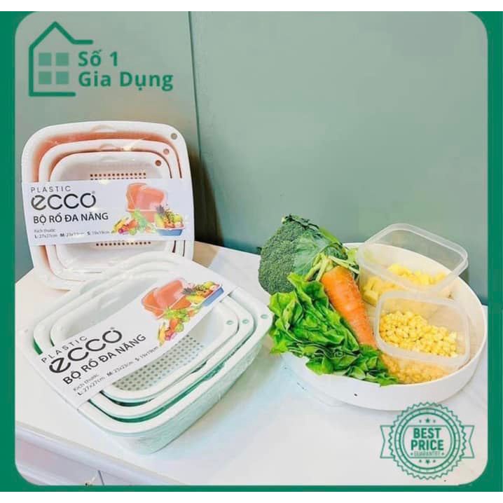 Bộ thau rổ nhựa vuông 6 món Ecoco BEHOME Bộ rổ nhựa Việt Nhật dày đẹp [Giao Màu Ngẫu Nhiên]