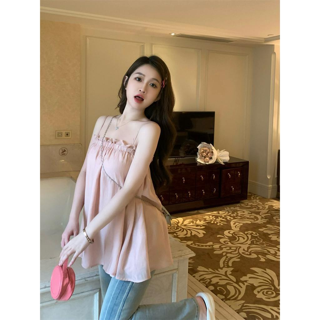 Áo Voan Hai Dây Không Tay Viền Gỗ Kiểu Dáng Ngọt Ngào Nữ Tính