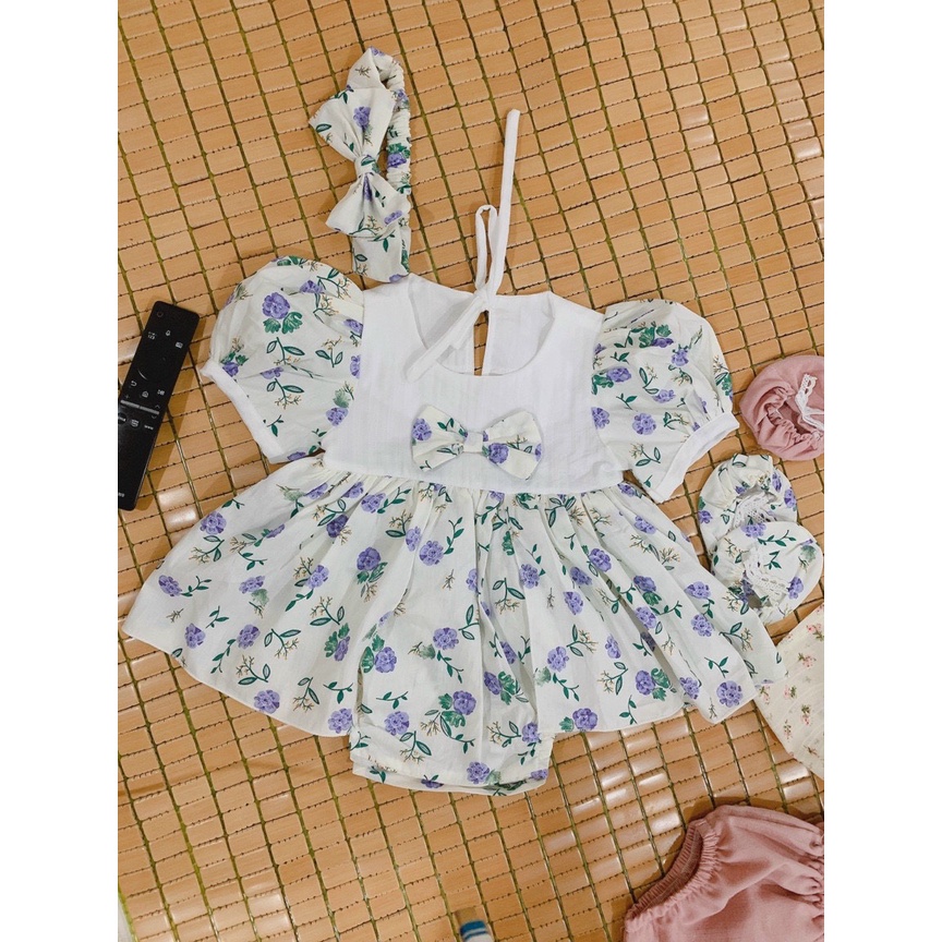 Bộ Body em bé sơ sinh Kèm băng đô và giày vải Màu trắng hoa tím Size 0 đến 24m Nina Kids Boutique Chuyên body cho bé