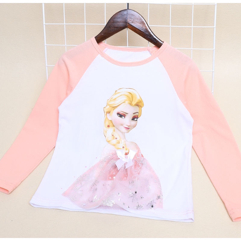 DISNEY Áo Thun Tay Dài Phối Ren 3D In Hình Công Chúa Elsa Cho Bé Gái 2-10 Tuổi