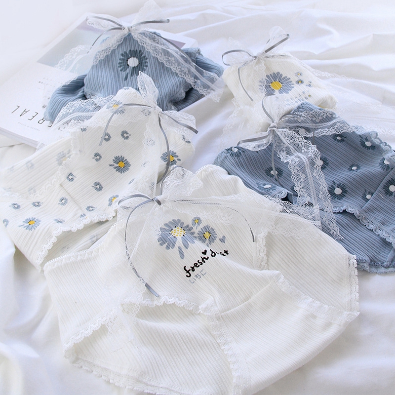 Quần lót cotton lưng thấp thoáng khí in họa tiết hoa cúc nhỏ dễ thương phối ren màu trắng / xanh dương cho nữ