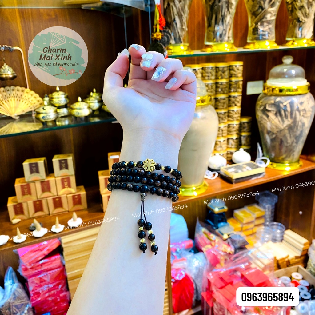 Chuỗi Trầm Hương Sánh Chìm 108 hạt  + Cỏ Bốn Lá Rỗng - Vòng Tay Phụ Kiện Hoa Gỗ tự nhiên Nam Nữ Cao Cấp phong thuỷ
