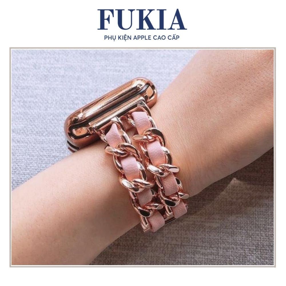 Dây thép phối da hồng dạng xích dành cho Apple Watch đồng hồ thông minh Series 1/2/3/4/5/6/7/SE size 38/40/41/42/44/45mm