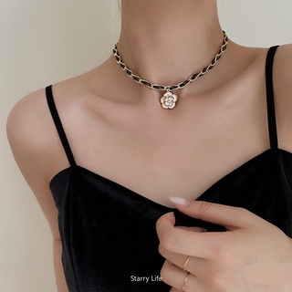 Vòng Cổ Choker Dây Da Mặt Hoa Trà