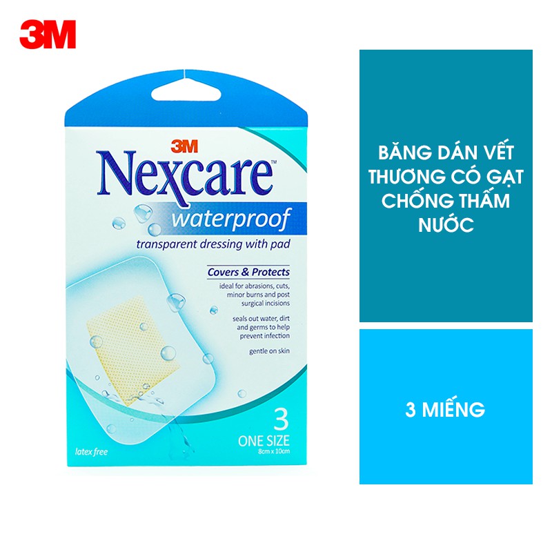 (hàng chính hãng) Băng dán bảo vệ vết thương có gạc Nexcare 3M B100 chống thấm nước 8x10cm gói 3 miếng rất hiệu quả