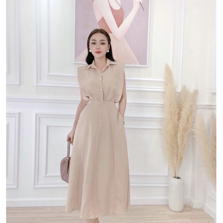 Set Áo Sơ Mi Và Chân Váy Dài Công Sở NHẬT VY Dáng Xoè Có Nút Gài Chất Linen Màu Nude - D2391