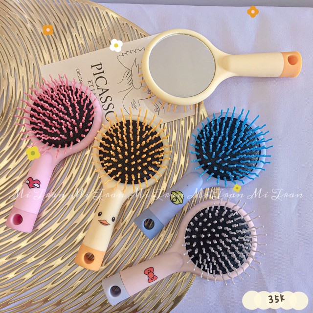 Gương lược cầm tay mini cute lược chải tóc cầm tay mini tròn gỡ rối cho nữ có kèm gương mặt sau màu sắc cầu vồng