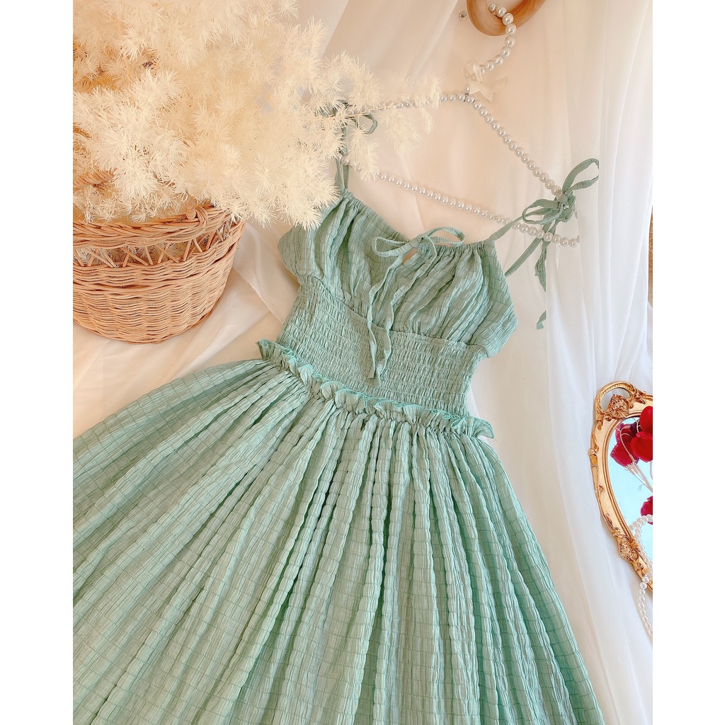 Đầm Maxi dáng xòe Nữ Đi Chơi Thiết Kế 2 Dây Nơ Bên Vai Xinh Xắn