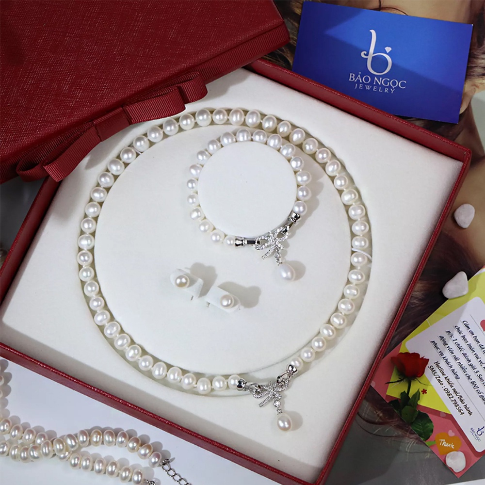 Bộ Trang Sức Ngọc Trai Dây Chuyền Và Lắc Tay Hình Nơ Xinh Làm Quà Tặng DB1102 Bảo Ngọc Jewelry