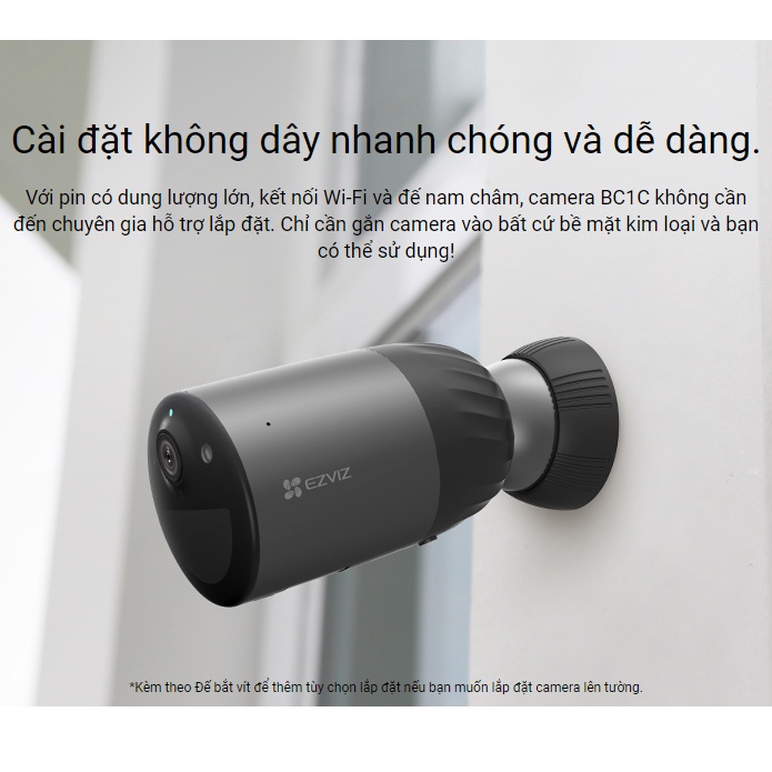 Camera Chạy Pin Ngoài Trời Wifi Ezviz BC1C Full HD 1080P 2MP Đàm Thoại, Màu Ban Đêm - Tùy Chọn Thêm Pin Mặt Trời