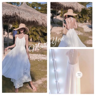 [Hình thật] Đầm maxi yếm trắng hở lưng đi biển