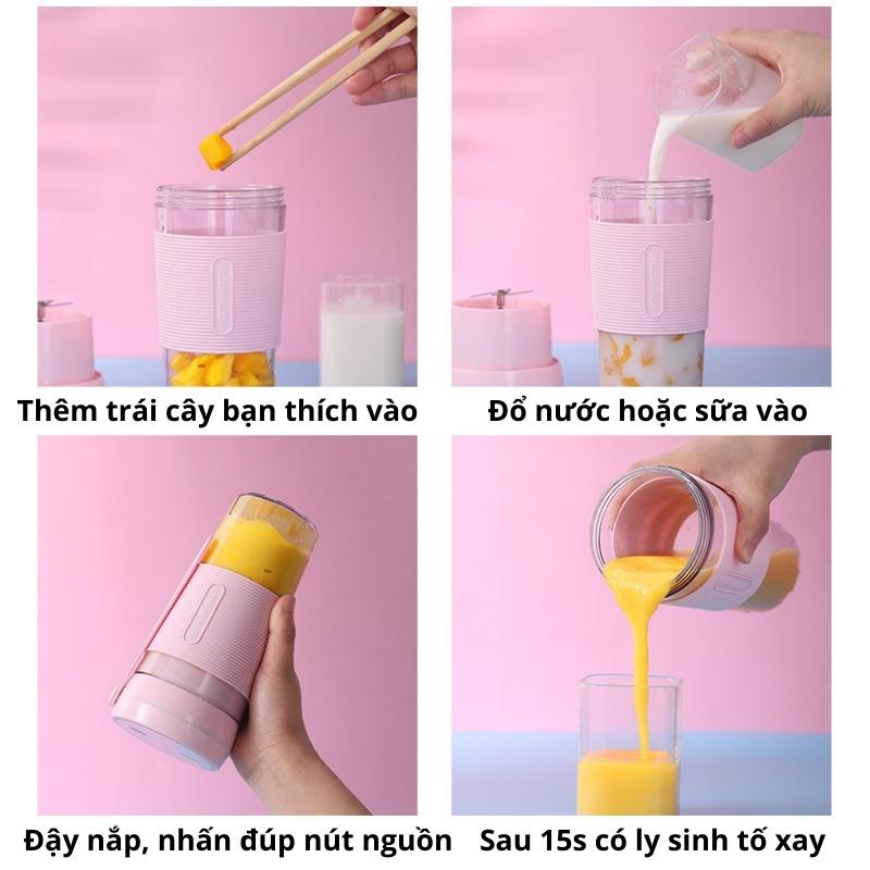 Máy Xay Sinh Tố Mini Cầm Tay 420ml 4 Lưỡi Dao Thép Không Gỉ Có Pin Sạc USB Bugu QH-09