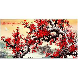 Tranh Đính Đá CHÚC MỪNG NĂM MỚI -CÀNH ĐÀO ĐỎ (DF408) 84×45cm Chưa Đính.