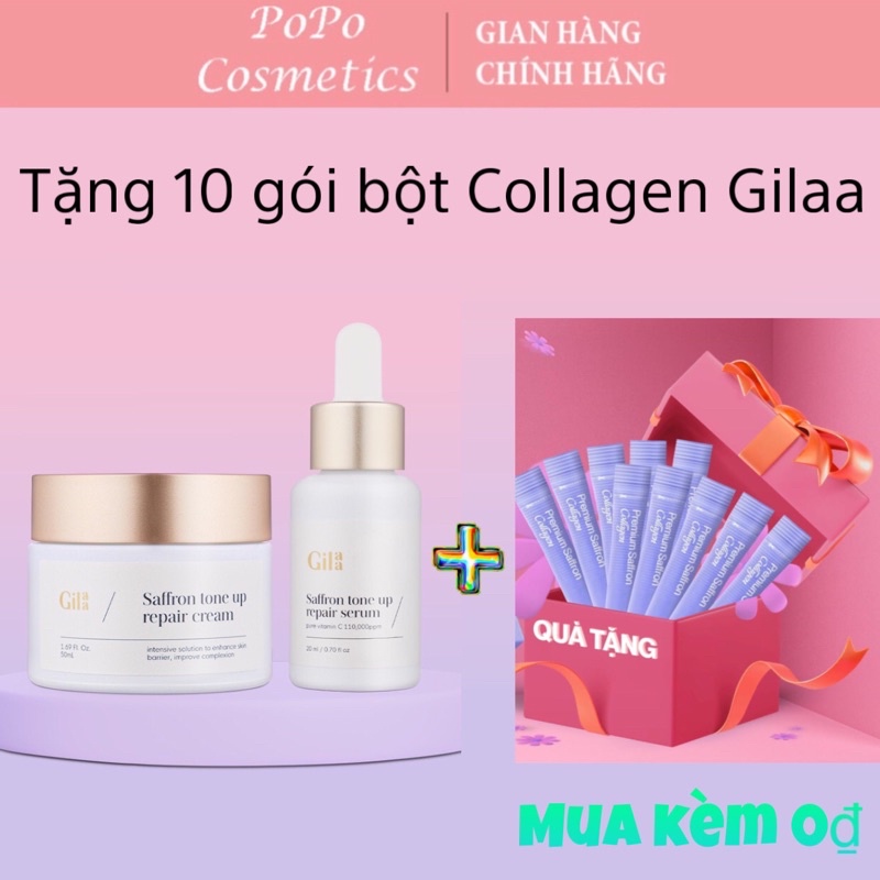 [Tặng 10 gói collagen]Bộ đôi Gilaa Saffron Tinh chất tươi dưỡng trắng 20ml và Kem dưỡng sạc nước 50g