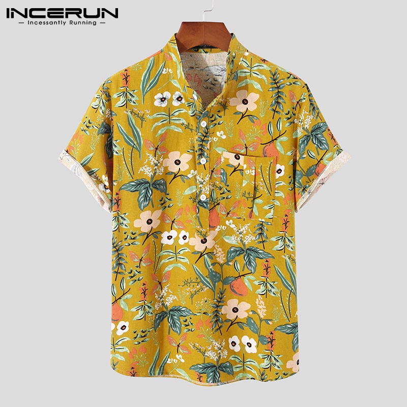 Áo sơ mi INCERUN vải cotton tay ngắn cài nút họa tiết in kiểu retro mùa hè cá tính dành cho nam