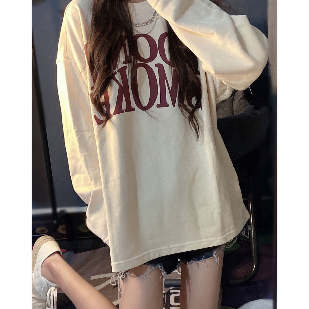 Áo Thun Tay Dài Cổ Tròn Dáng Rộng Thời Trang Xinh Xắn Cho Nữ