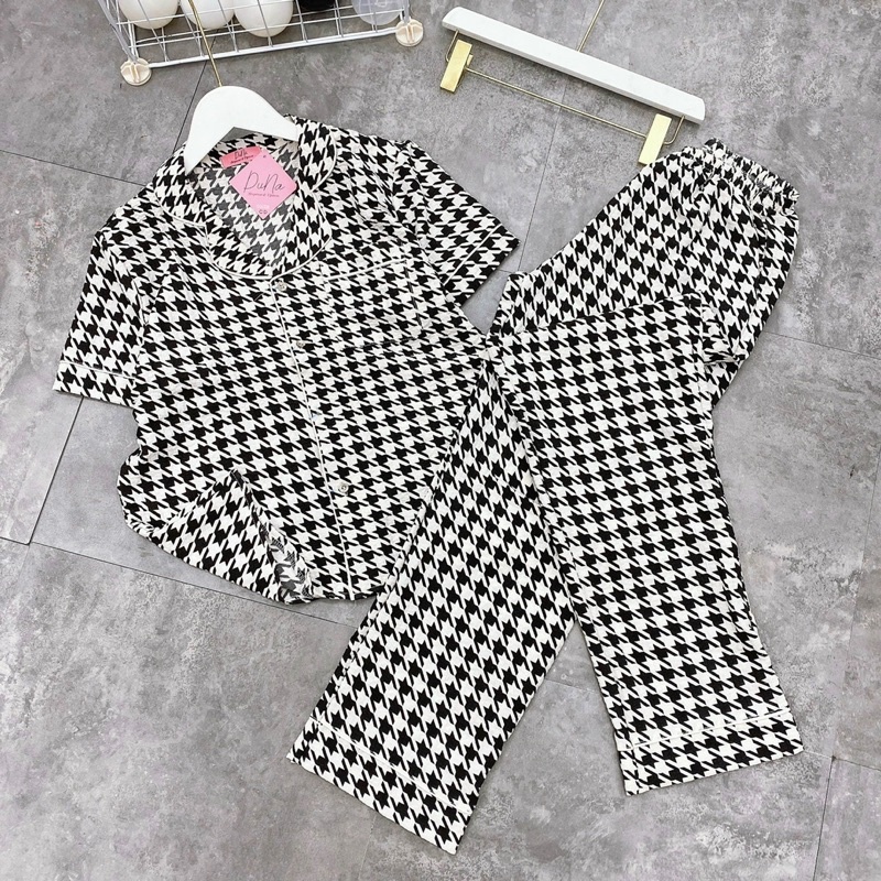 Bộ pijama hoạ tiết kẻ ô ziczac chất đũi xốp áo cộc quần dài mặc nhà nữ hàng thiết kế cao cấp
