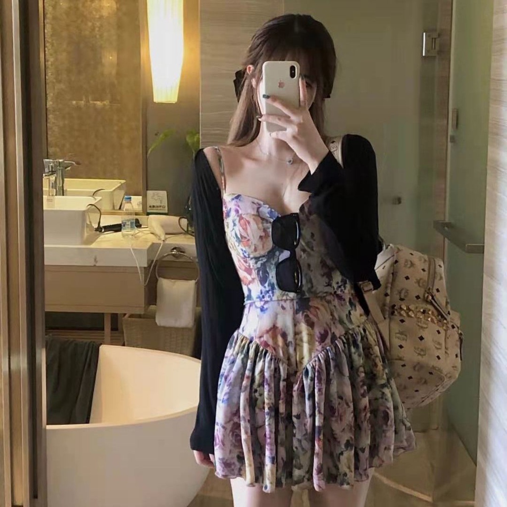 Đầm hai dây ngắn vải voan in họa tiết hoa nhỏ phong cách ngọt ngào mới cho bé gái