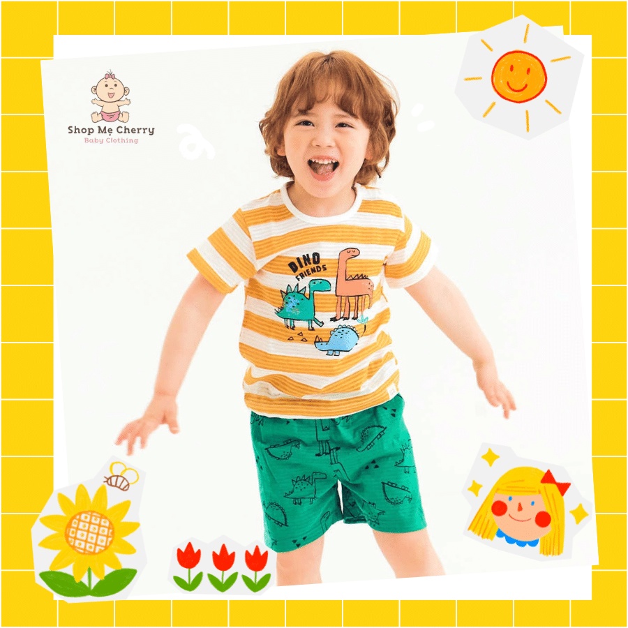 Bộ Ngắn Cao Cấp Cho Bé Của Hãng Ttasom, Chất Cotton Giấy Organic, Mẫu Khủng Long Cam