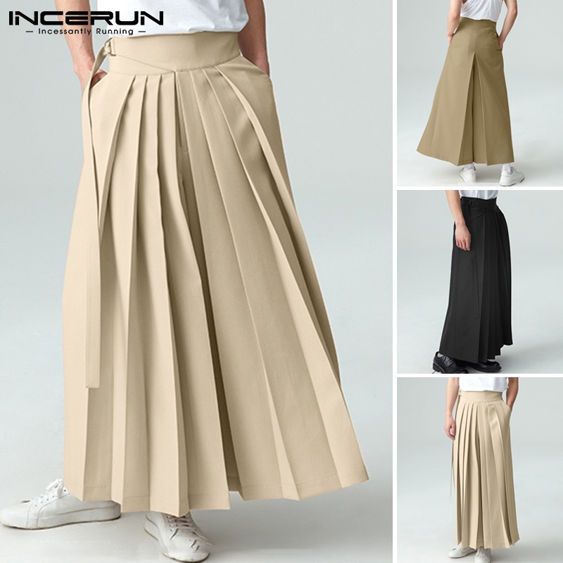 Quần xếp ly INCERUN ống rộng lưng cao màu trơn trẻ trung cho nam