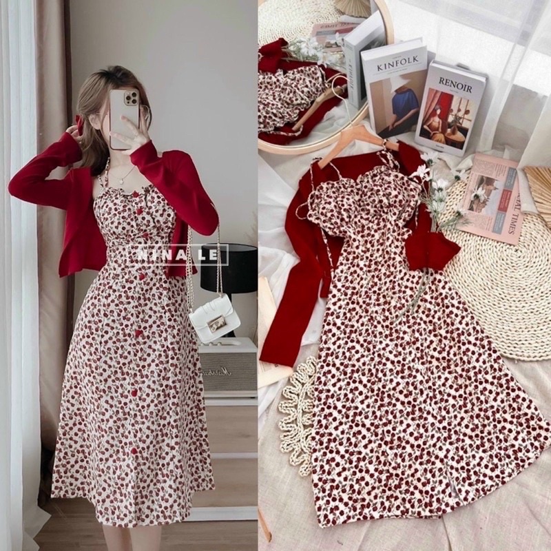 Set đầm hoa xanh đi biển hai dây kèm áo khoác, midi ngang gối, nhiều màu hoa