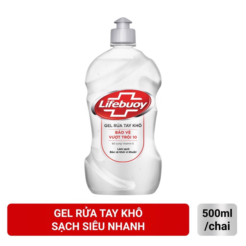 Gel rửa tay khô sạch siêu nhanh Lifebuoy Bảo Vệ Vượt Trội 10 (Chai nắp bạc 500ml)