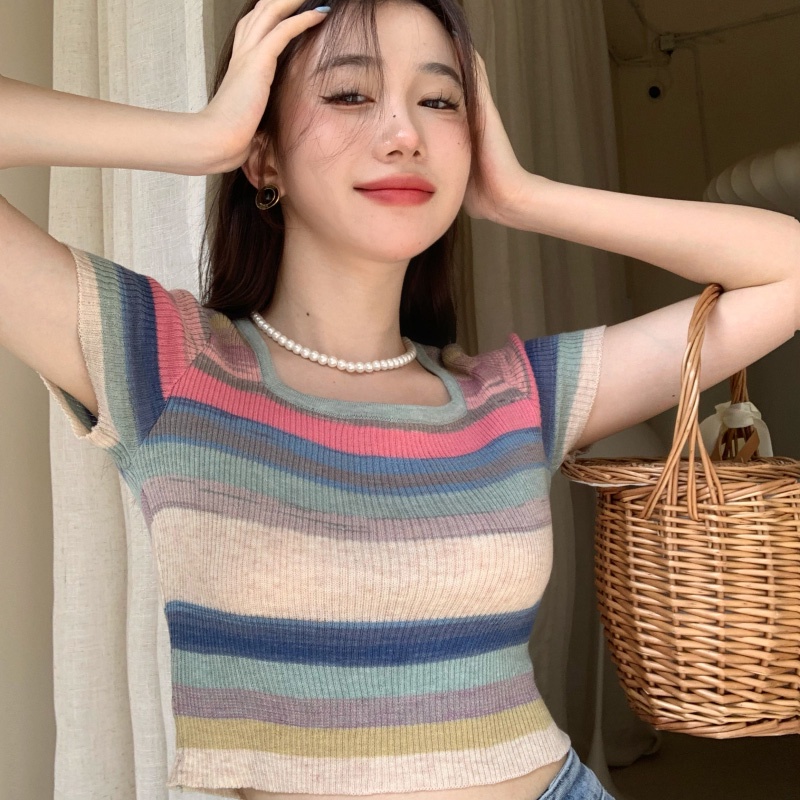 Porozi  Áo thun dệt kim ngắn tay  cổ vuông họa tiết kẻ sọc phong cách Hàn Quốc thời trang mùa hè cho nữ