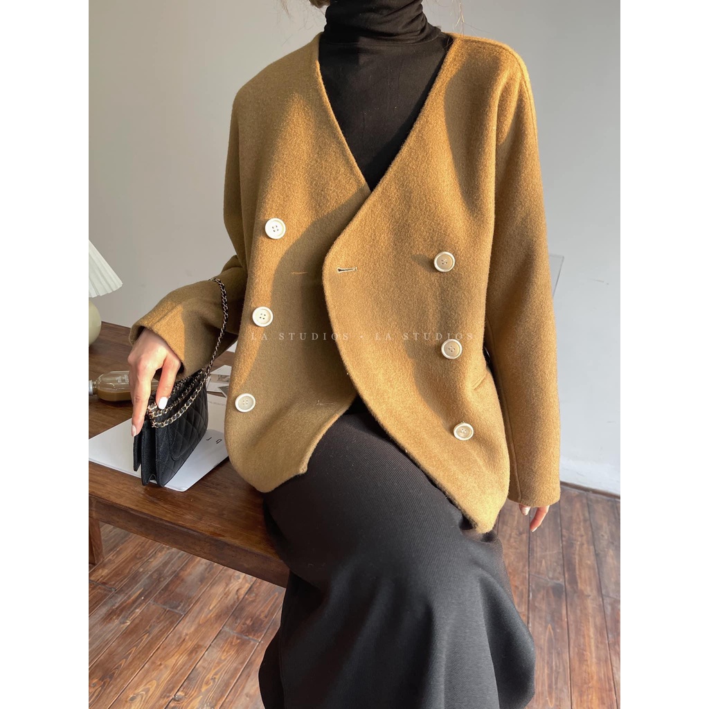 Áo khoác dạ tweed cổ V Hàn Quốc
