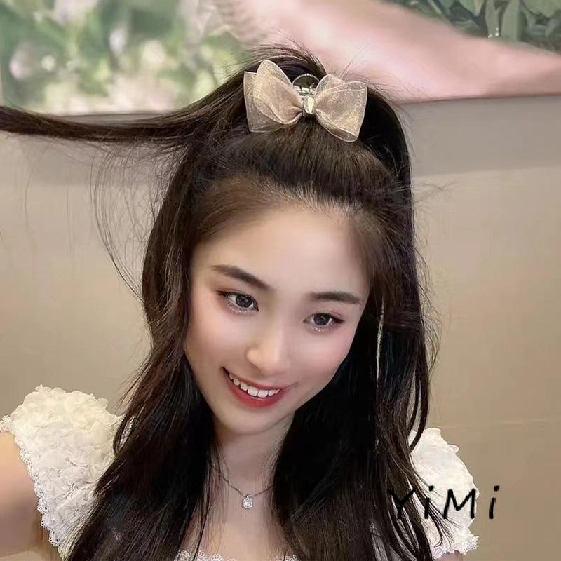 Kẹp Tóc Nơ Đính Đá Kim Cương Giả Hai Mặt Vải Lưới Kích Thước Nhỏ Cài Tóc Đuôi Ngựa Mùa Hè