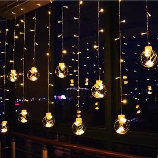 Bộ đèn nháy thả rèm 12 bóng hình quả cầu pha lê trang trí nhà cửa lung linh