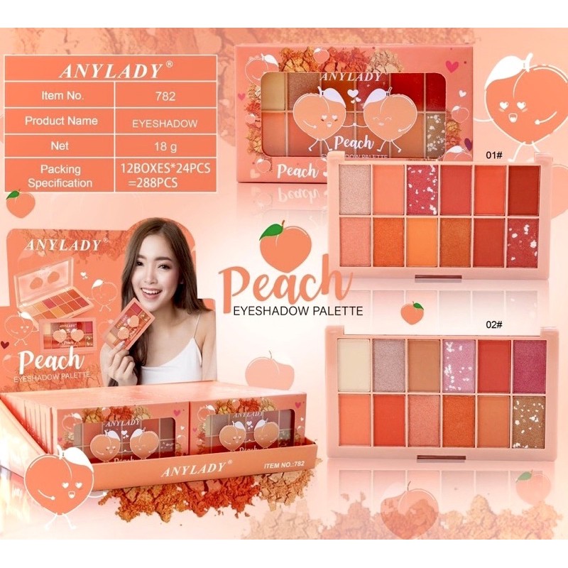 BẢNG PHẤN MẮT 12 Ô QUẢ ĐÀO ANYLADY PEACH NHŨ KIM TUYẾN TONE CAM HỒNG