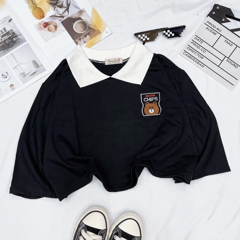 ÁO CROPTOP POLO OVERSIZED THÊU LOGO - ĐEN | BigBuy360 - bigbuy360.vn