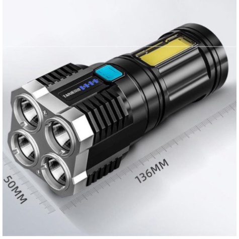 Đèn Pin Cầm Tay Chiếu Xa Siêu Sáng 4 Bóng 4 Chế Độ Sạc USB, Đèn Pin Led, Du Lịch Hot 2022