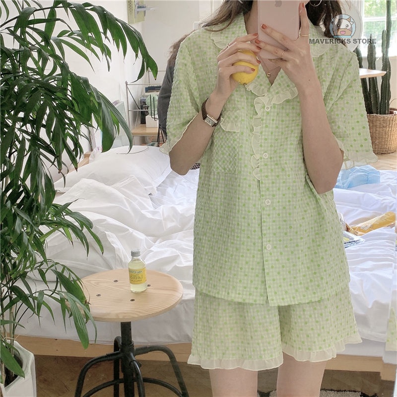 Set đồ ngủ tay ngắn họa tiết chấm bi phong cách Nhật Bản thời trang mùa hè đáng yêu dành cho nữ
