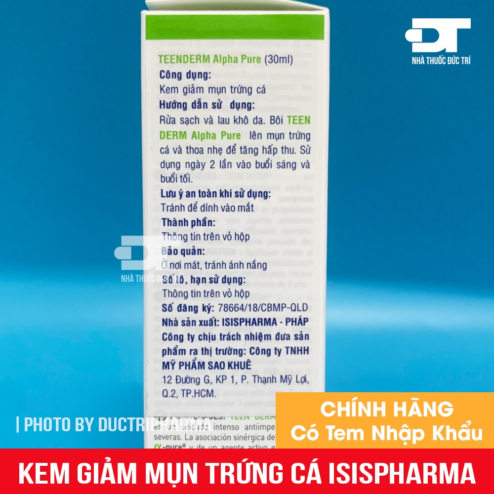 Kem Giảm Mụn Trứng Cá TeenDerm Alpha Pure ISIS PHARMA 30ml