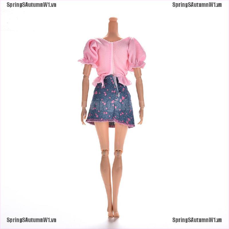 (Hàng Mới Về) Bộ 2 Món Áo Thun + Chân Váy Denim Xanh Dương Cho Búp Bê Barbie