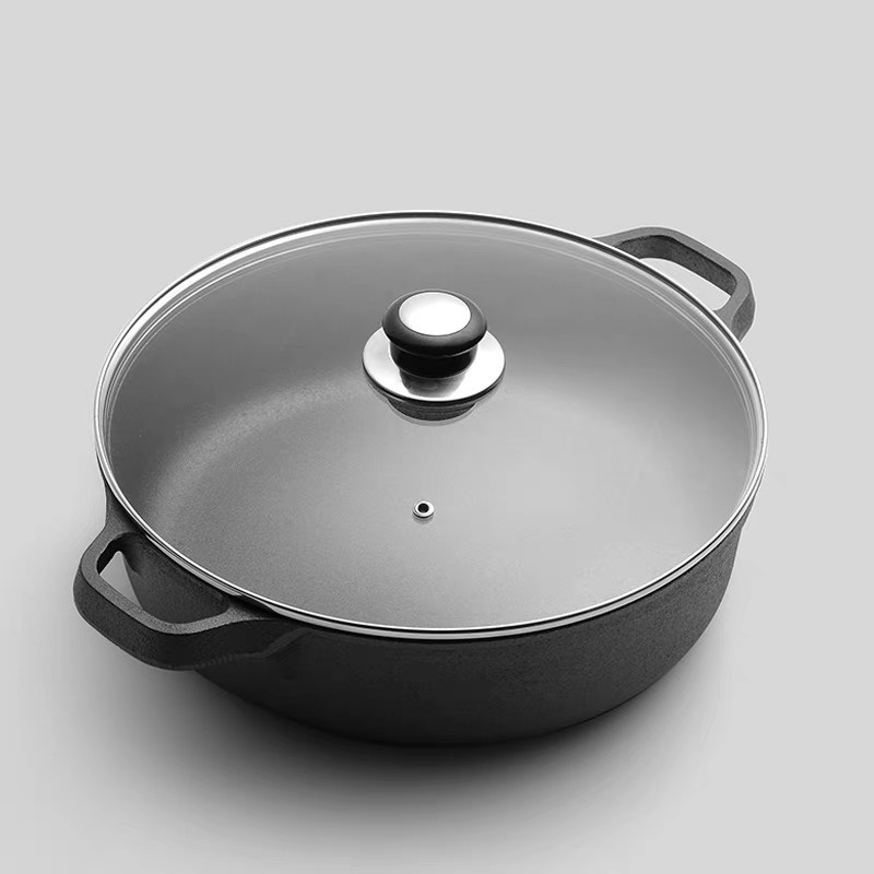 Chảo gang dùng trên bếp từ, chảo gang thô thủ công 2 quai chống dinh tự nhiên LIINKITCHEN