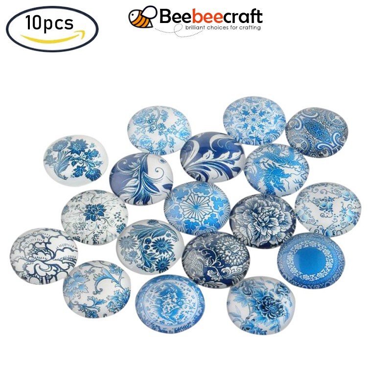 10pcs 14mm Dome Blue and White Floral Printed Glass Cabochons